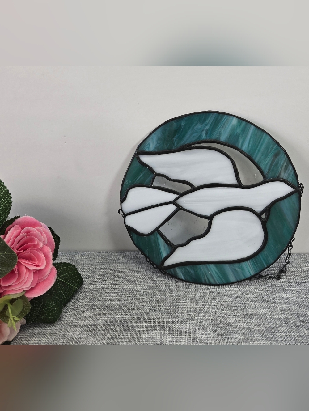 Vintage Dove Circular‎ Stained Glass Panel Suncatcher 7" Teal White